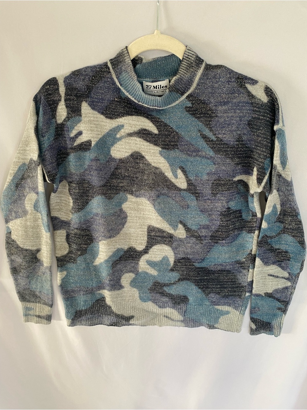 27 Miles Cashmere Women's Blue Gray and Silver Tinsel Camo Crewneck Sweater